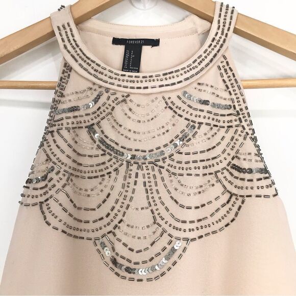 Forever 21 Cream Silver Sequin Beaded Halter Holiday Tank Blouse NEW - Picture 2 of 15